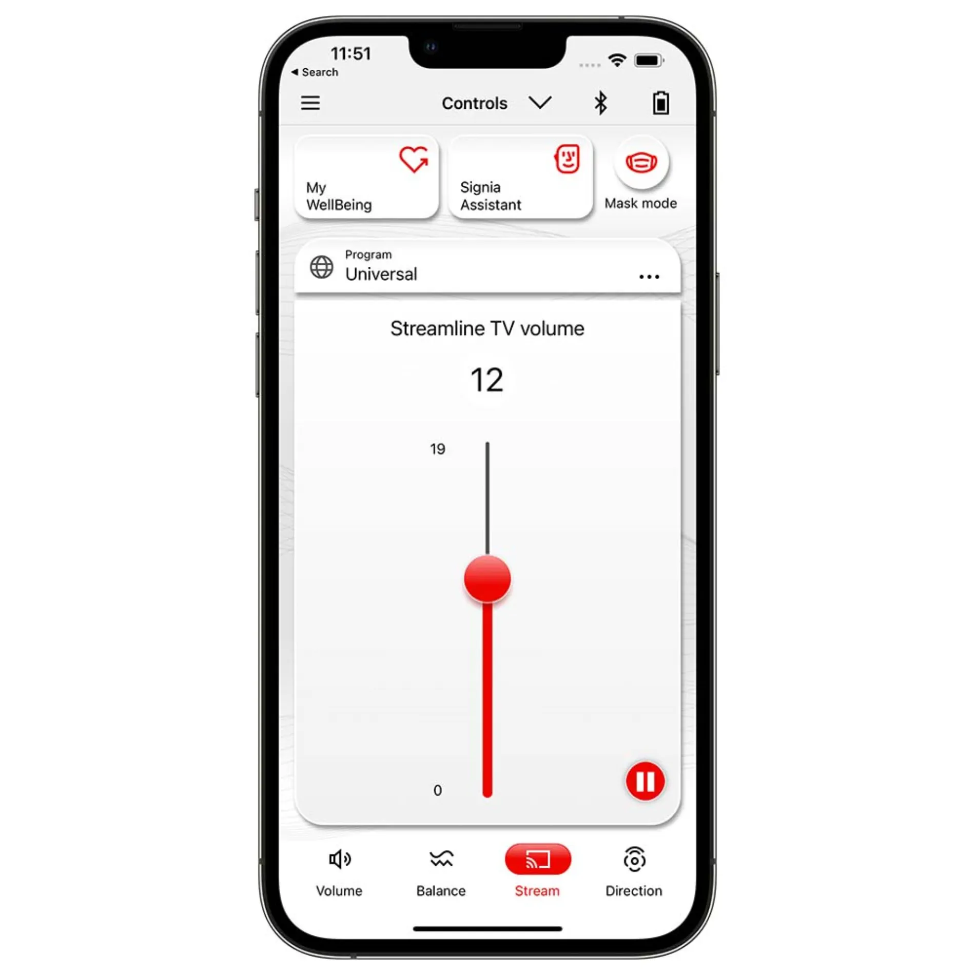 Signia app StreamLine TV volume iPhone frame